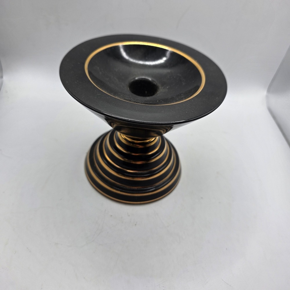 Michael Lambert Signed Studio Pottery Black Gold Pedestal Bowl California